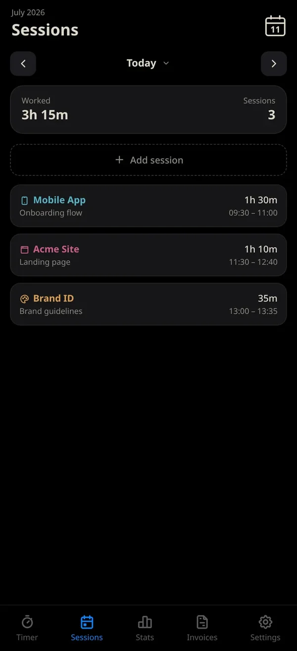 The per-day Sessions list, showing tracked work sessions grouped by day.