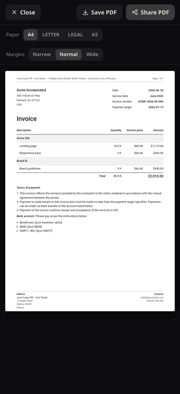 A generated invoice PDF preview: line items grouped by project with totals, terms and a contact footer, plus Save PDF and Share PDF controls.