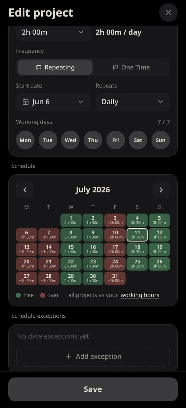 The edit-project sheet showing a month schedule heat map — green where you have free capacity, red where you would be over-booked.