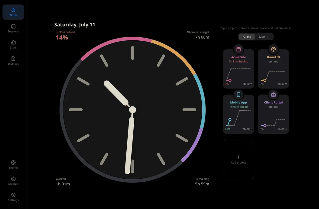 Drifttt running in a desktop browser: a wide two-pane layout with the large drift clock on the left and project tiles on the right.